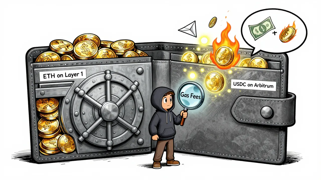 Кошелёк с тяжёлыми монетами Layer 1 и лёгкими токенами Layer 2, пользователь сравнивает комиссии.