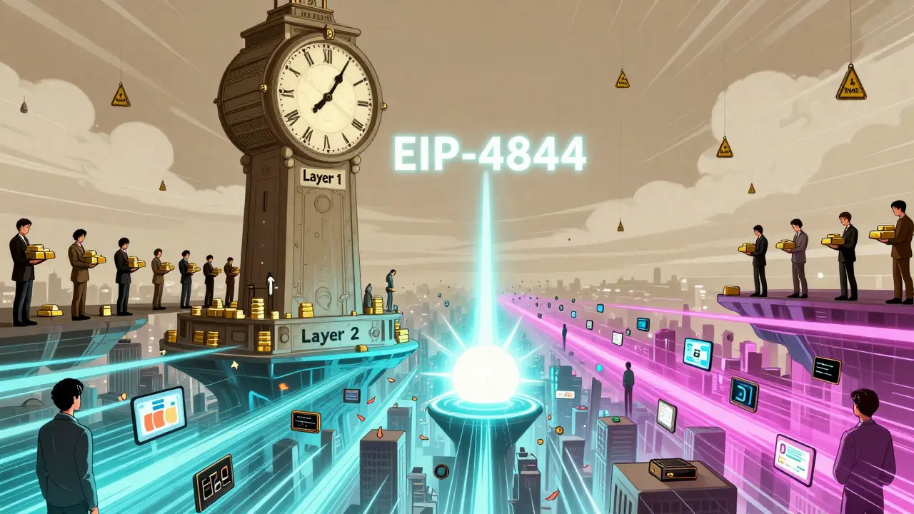 Layer 1 — медленная башня, Layer 2 — оживлённый город транзакций, стилизовано в духе банде десине.