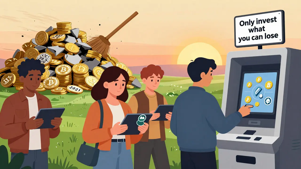 Люди обменивают токены на киоске, а мусор мемкоинов уносит ветер — на фоне рассвета.