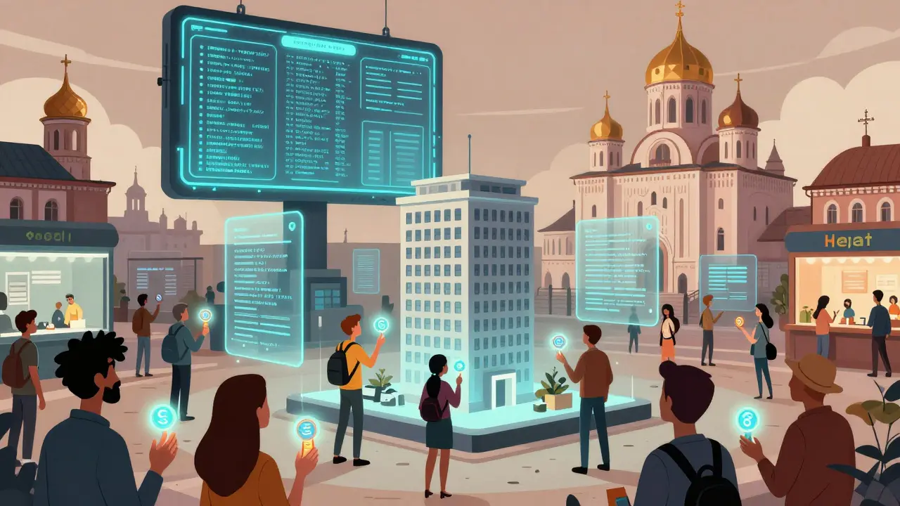 Люди торгуют токенами, представляющими доли в офисном здании, на цифровой бирже.