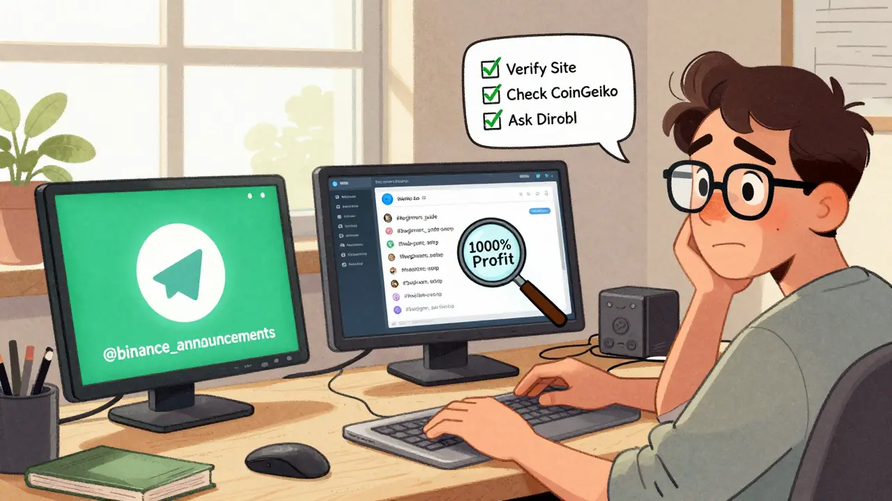 На столе три устройства с интерфейсами криптоплатформ, рядом — проверочный список и увеличительное стекло над подозрительным сообщением.