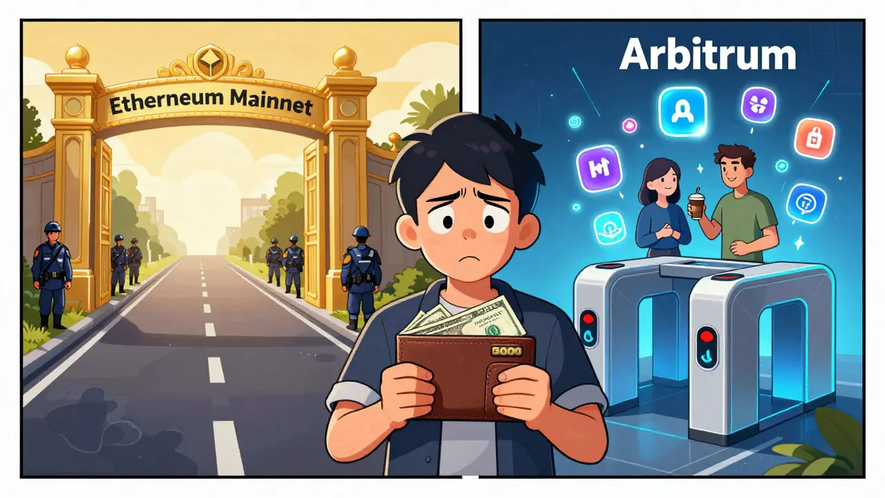 Новичок выбирает между медленным Layer 1 и быстрым Layer 2, изображённый в комиксном стиле.