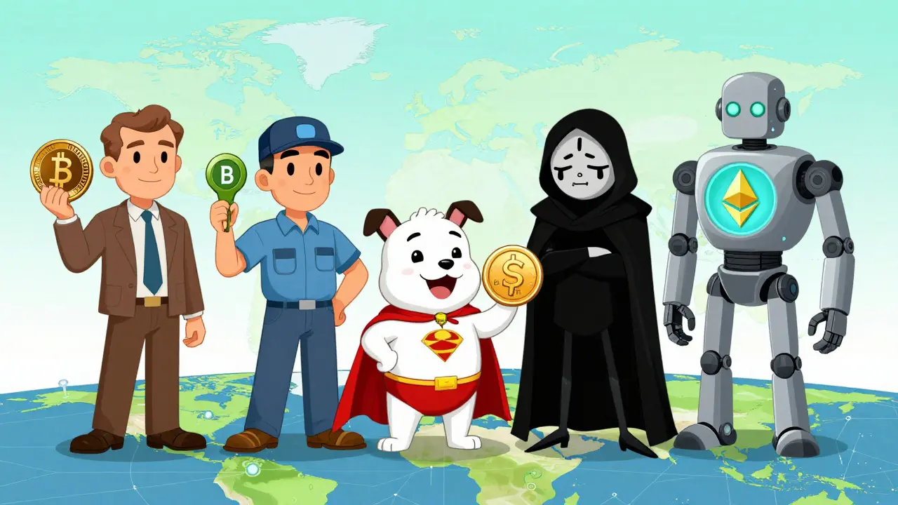 Пять персонажей, представляющих типы альткоинов: стейблкоин, утилитарный токен, мемкоин, анонимный и блокчейн-платформа.