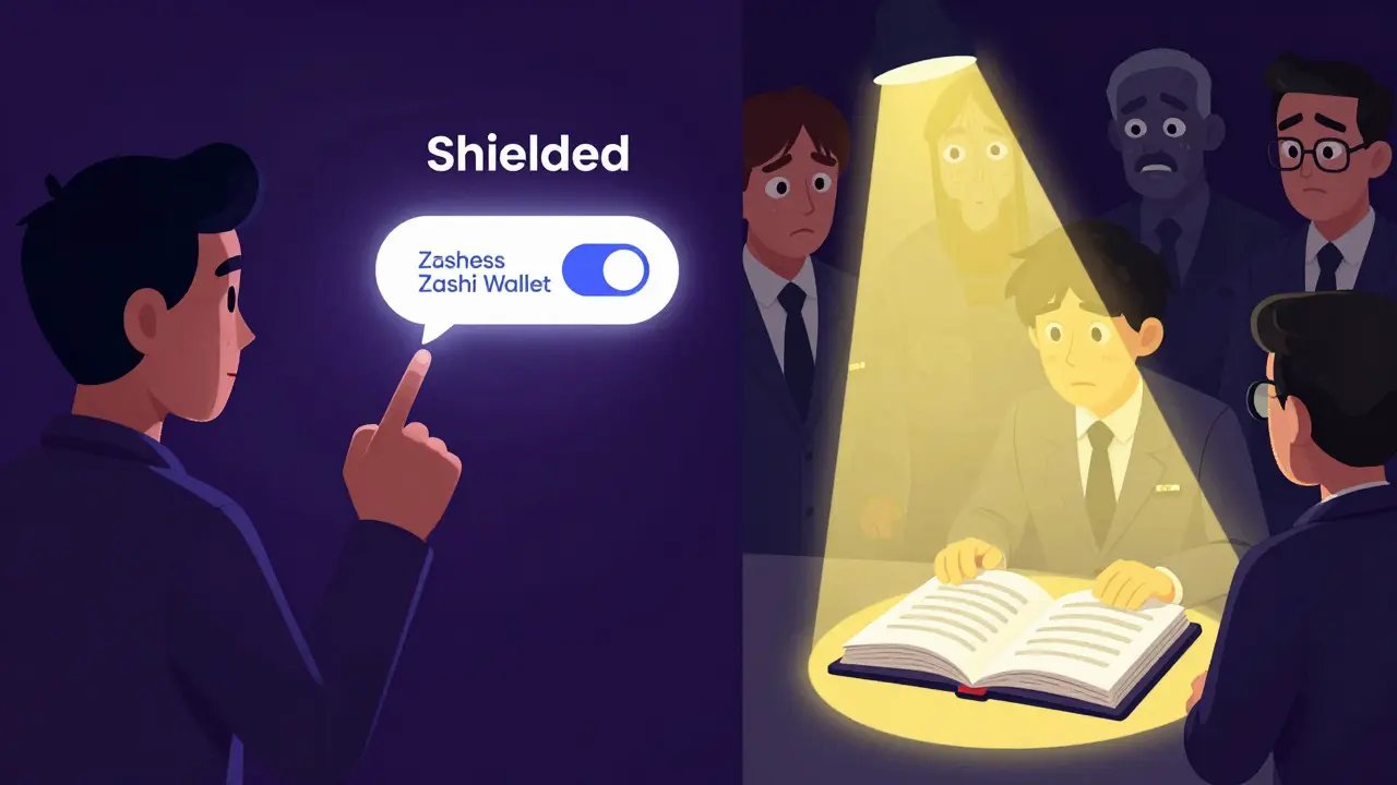 Пользователь выбирает между приватной и открытой транзакцией в кошельке Zcash.