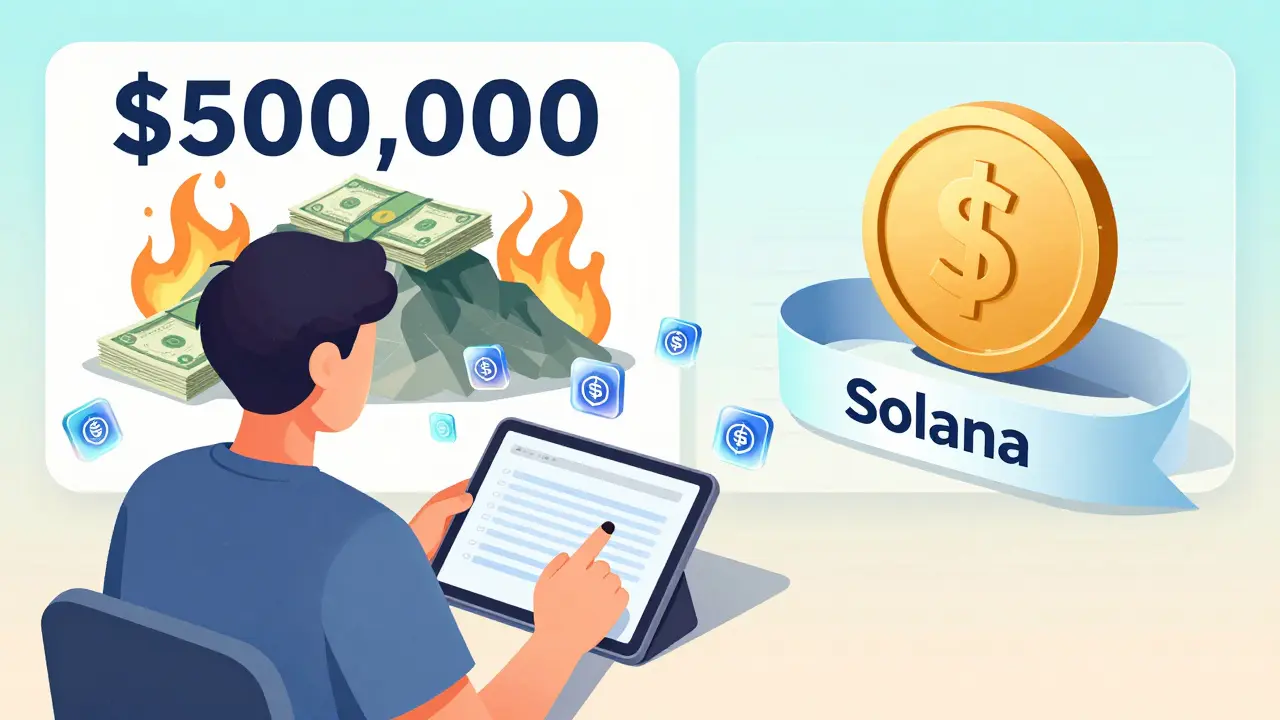 Разработчик создаёт миллион NFT за один клик, рядом — сравнение стоимости: гора денег против одной монеты на блокчейне Solana.