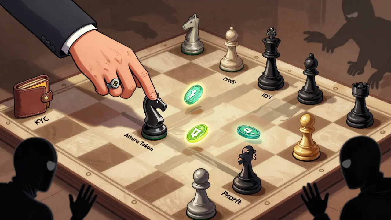Шахматная доска с шагами IDO, фигуры — кошельки и токены, игрок движет токен Altura к победе.