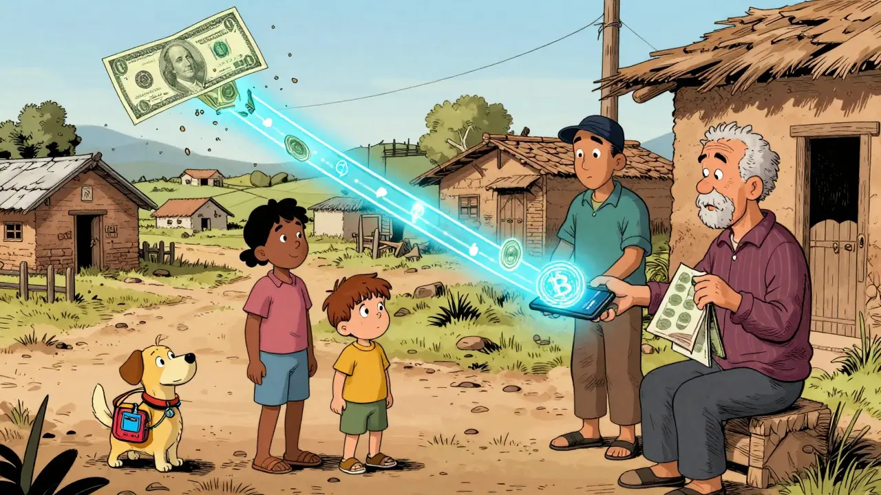 Семья в Аргентине отправляет криптовалюту родственникам, пока инфляция уничтожает деньги, изображённая в стиле европейской комиксной иллюстрации.