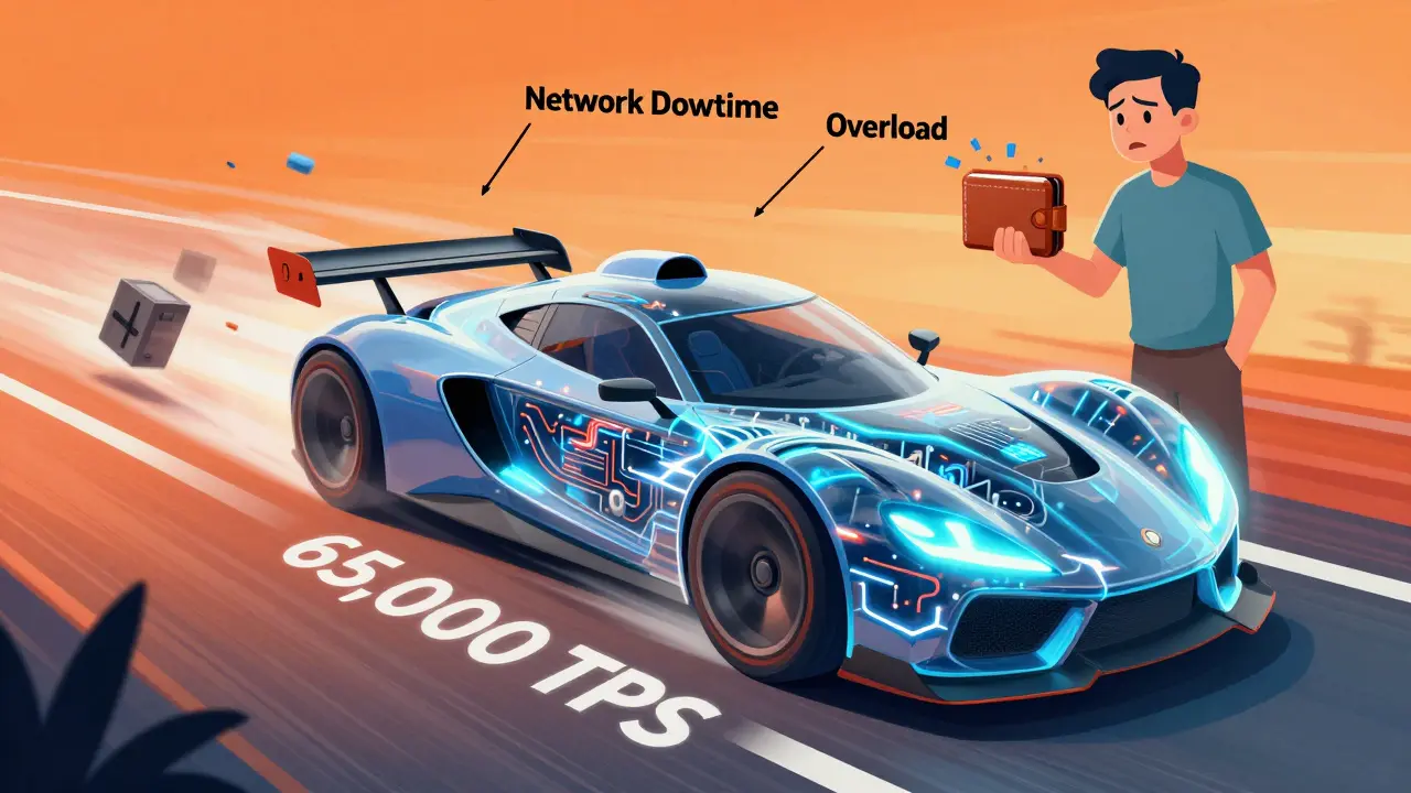 Солана — гоночный автомобиль на трассе с пометкой 65 000 TPS, избегающий препятствий сбоя сети.