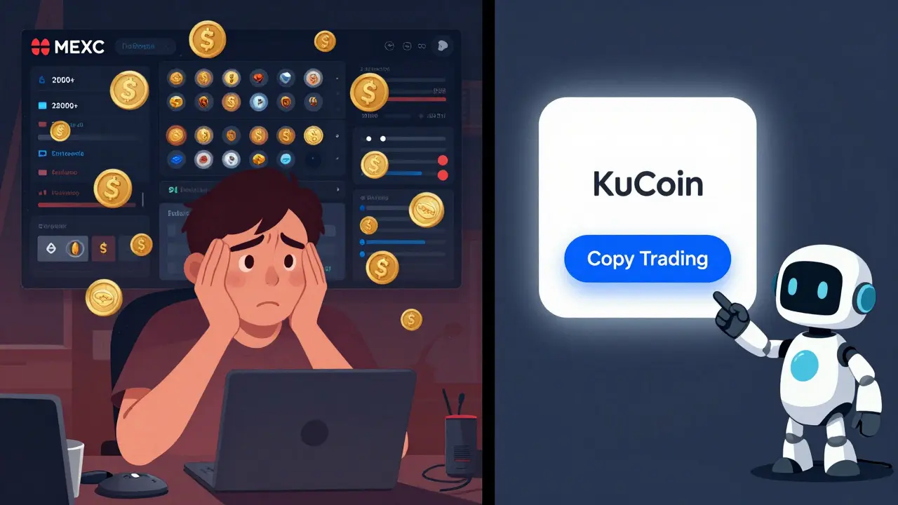 Сравнение сложного интерфейса MEXC и простого KuCoin для новичков в криптовалюте, с подсказкой о холодном кошельке.