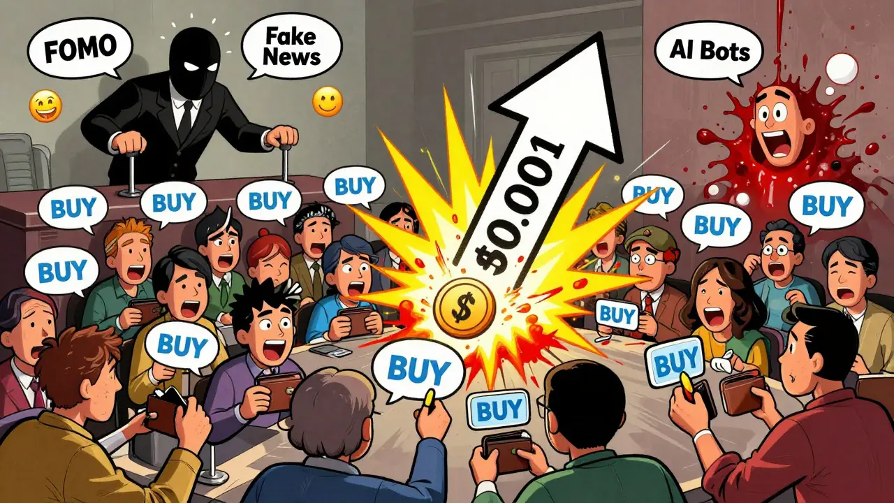 Толпа в Telegram-чате покупает криптовалюту, пока скрытые фигуры управляют манипуляцией с помощью рычагов и ИИ.