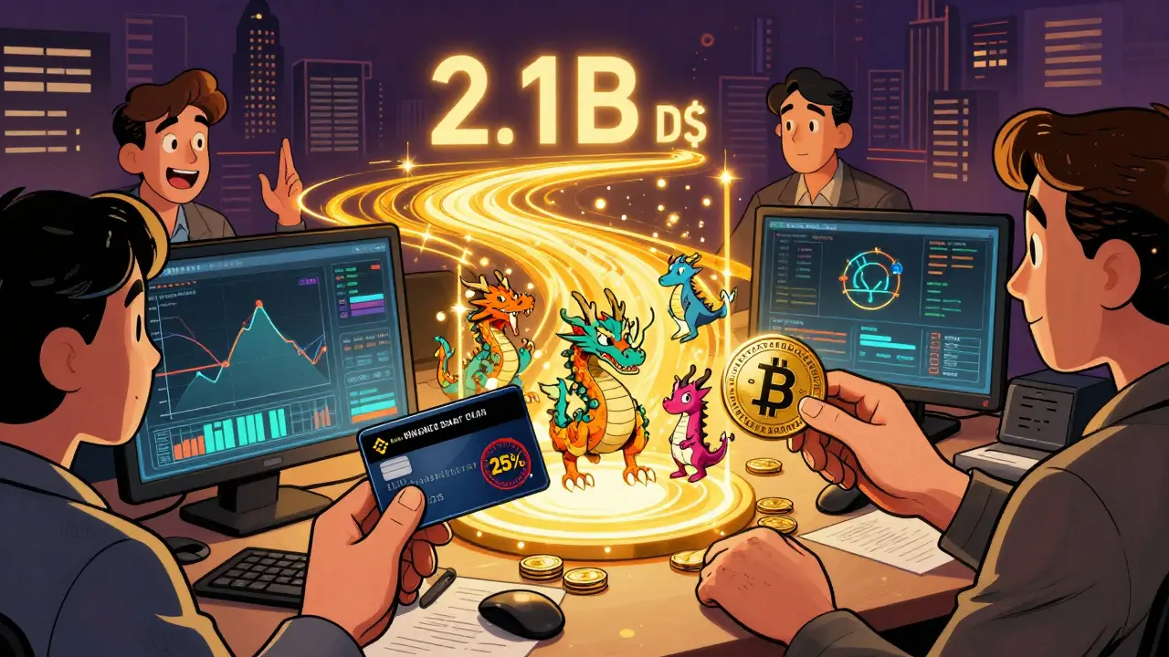 Трейдер использует BNB как карту для оплаты со скидкой 25% и стейкинга, вокруг — голографические графики и цифровые существа.