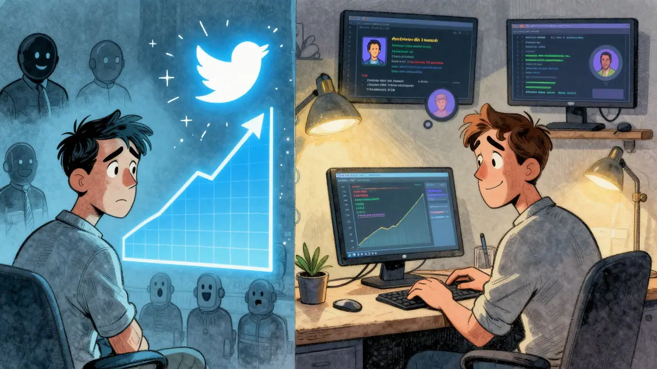 Трейдер сравнивает фейковую активность в Twitter с настоящим обсуждением в Discord, в ярком комиксном стиле.