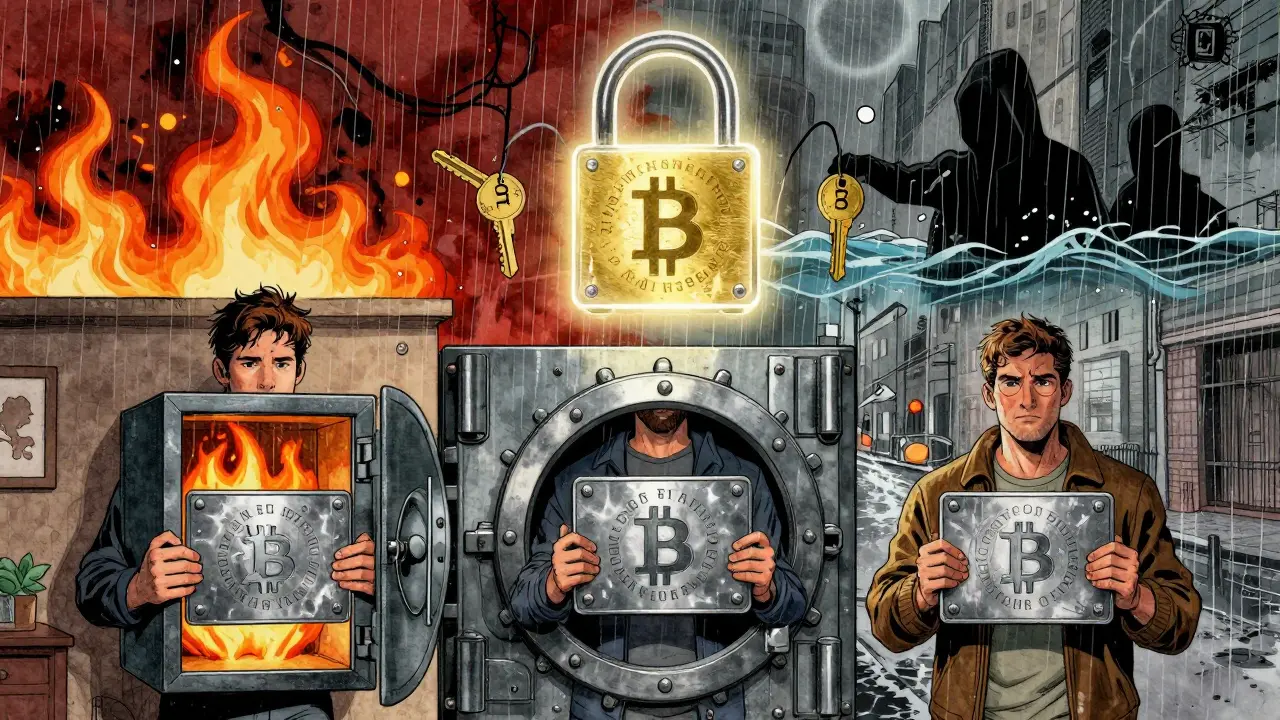 Три человека хранят металлические копии seed-фразы в разных местах — дом, банк, у родственника.