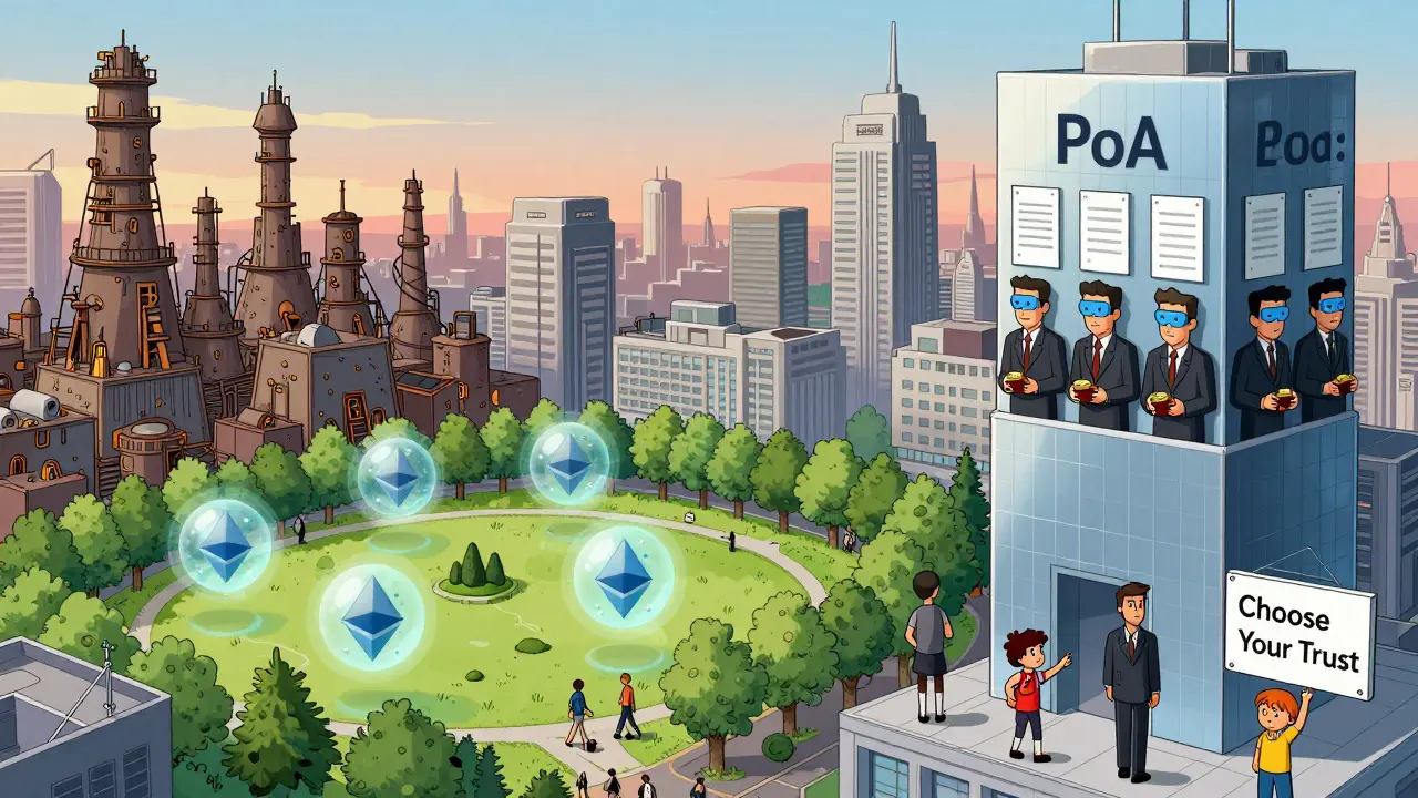 Три типа блокчейн-сетей — Биткойн, Эфириум и PoA — живут в одном городе, иллюстрируя разные модели доверия.