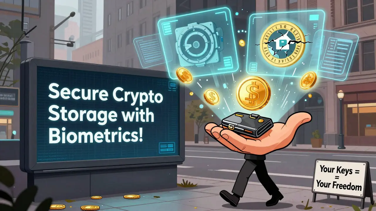 Человек держит аппаратный кошелёк на фоне рекламы биометрической безопасности, над головой — разрушающиеся биржевые символы.