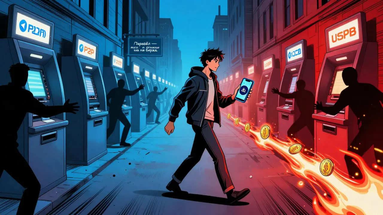 Человек идёт по улице с криптовалютой в кошельке, за ним — опасности в виде мошенников.