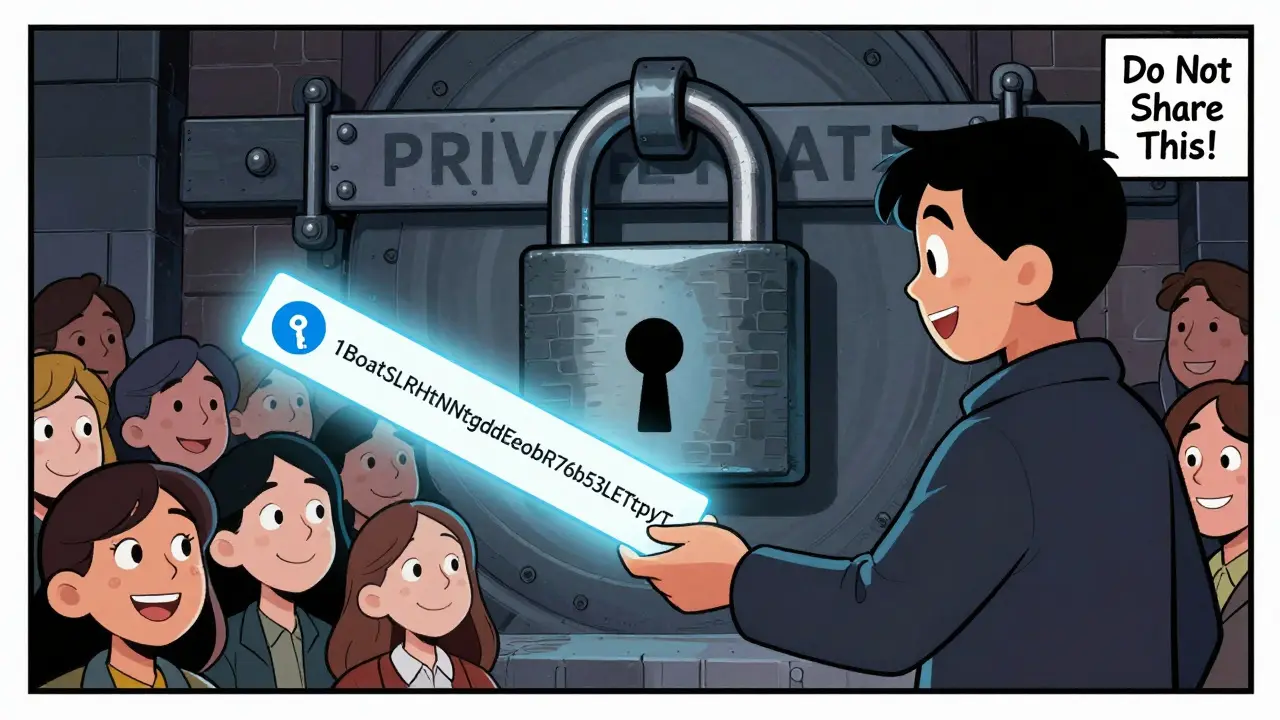 Человек передаёт публичный адрес другим, но приватный ключ надёжно спрятан.