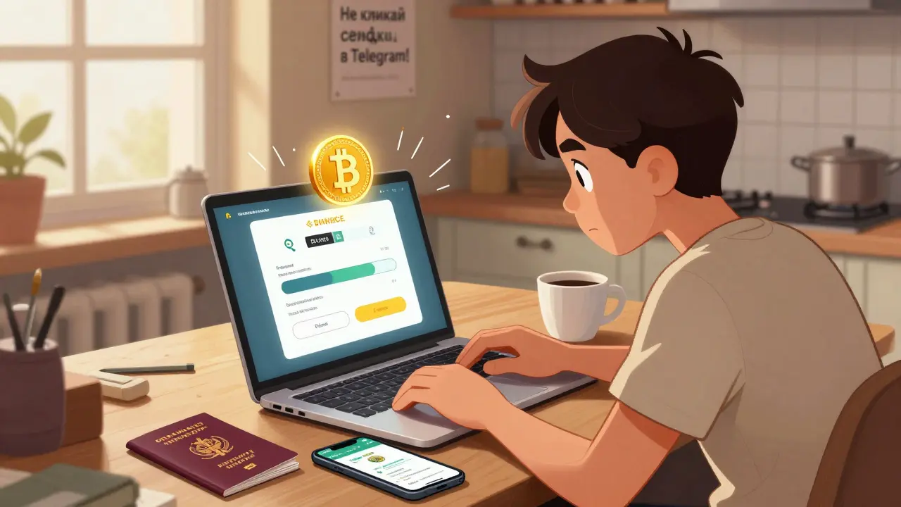 Человек проходит верификацию на Binance с паспортом и кофе на кухне.