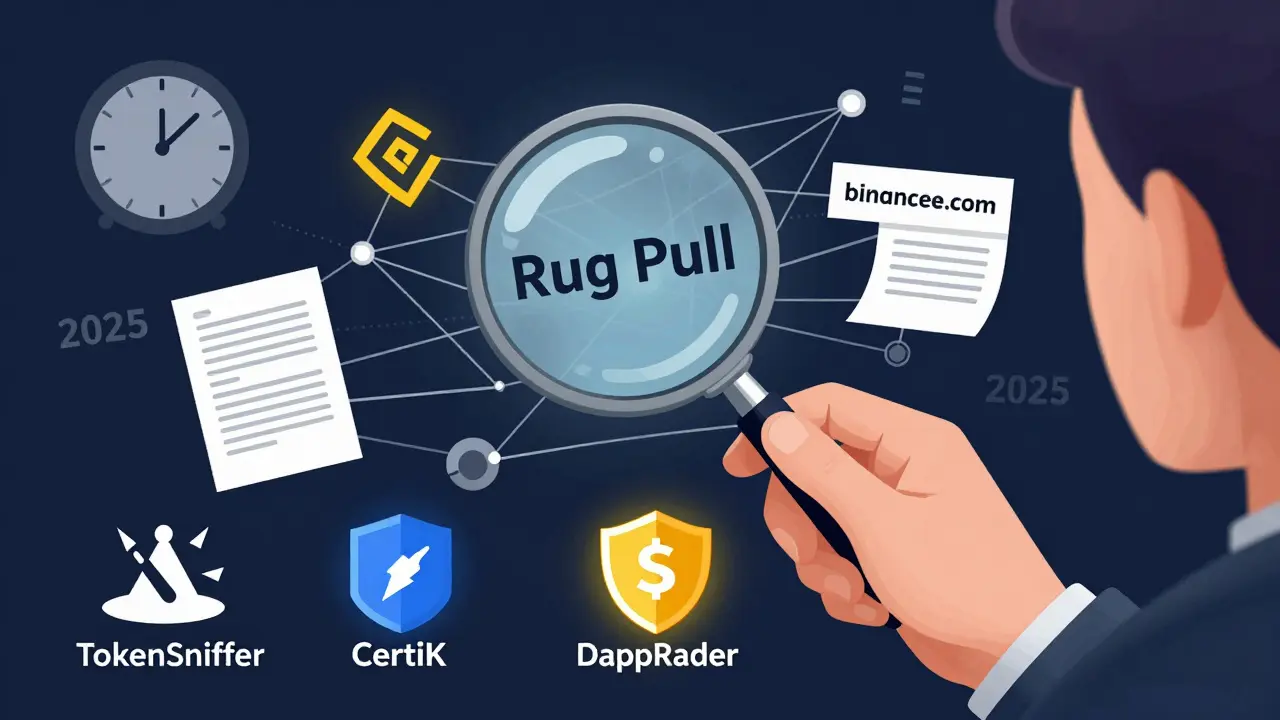 Человек с лупой обнаруживает скрытые ловушки в блокчейне: фишинговый сайт, поддельный whitepaper и механизм 'Rug Pull'.