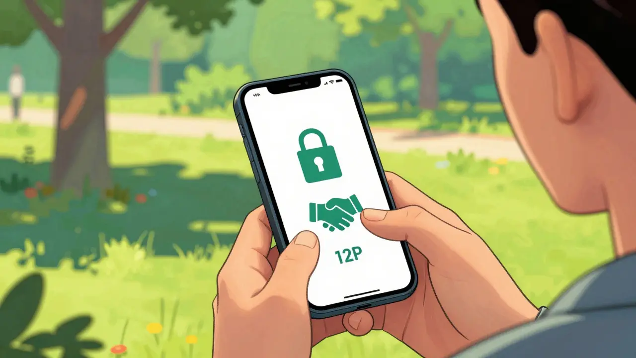 Человек выбирает безопасное P2P-предложение через смартфон в парке