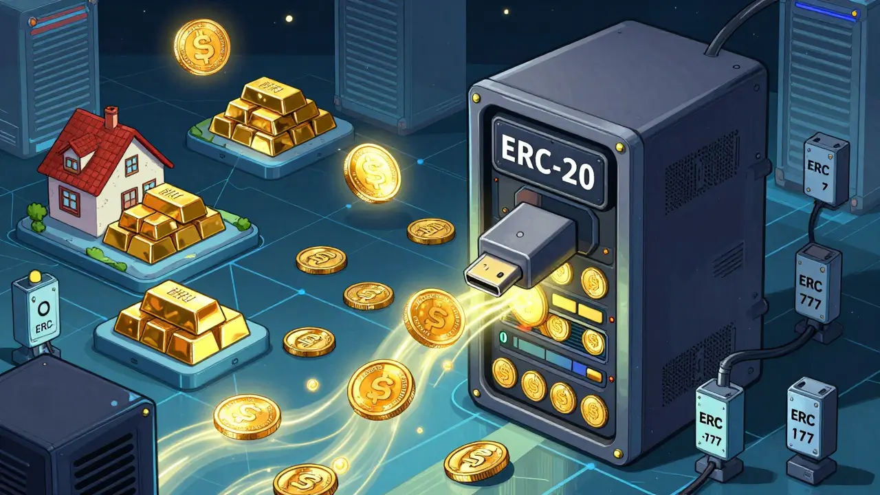 ERC-20 токены превращают реальные активы в цифровые, подключённые к Layer-2 сетям, в стиле футуристического комикса.