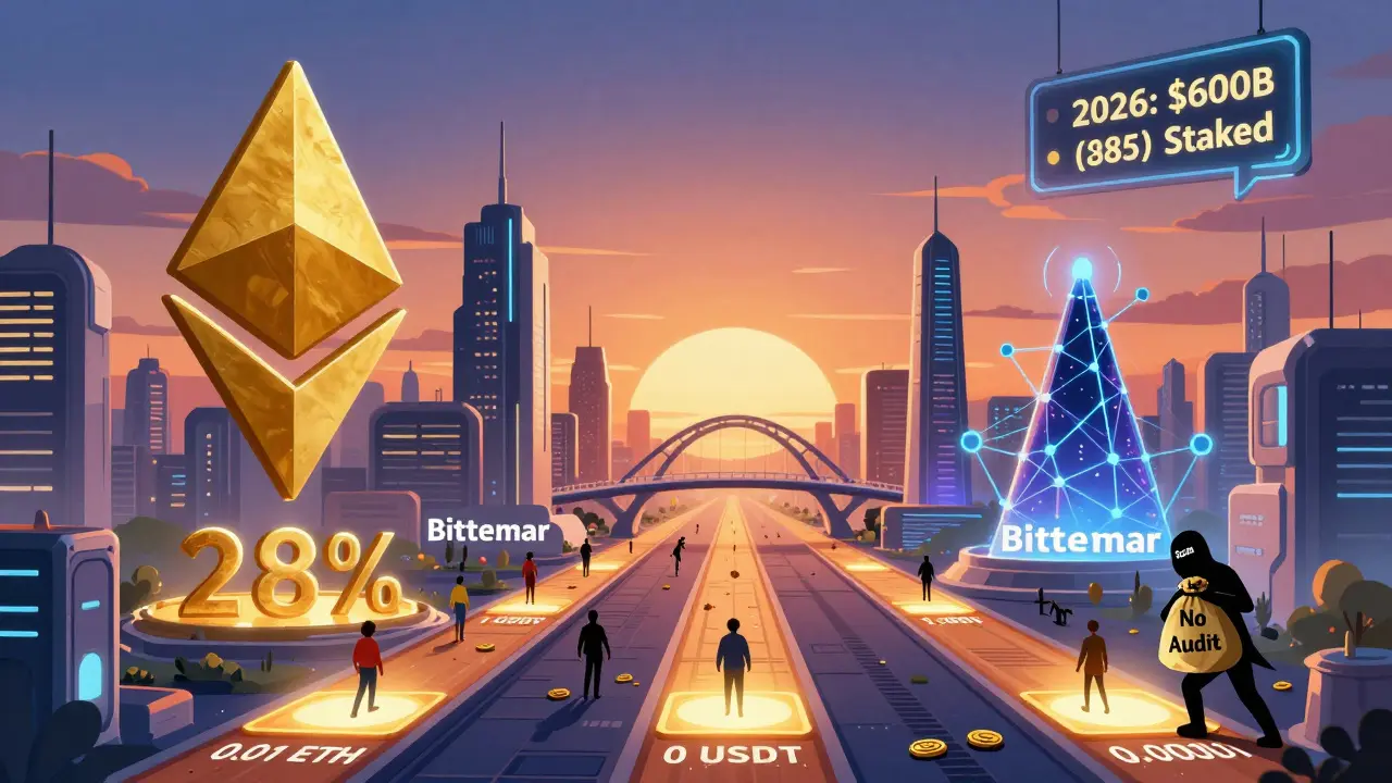 Футуристический город блокчейнов с путями для минимальных ставок и знаком '2026: 0 млрд стейкано' в небе.