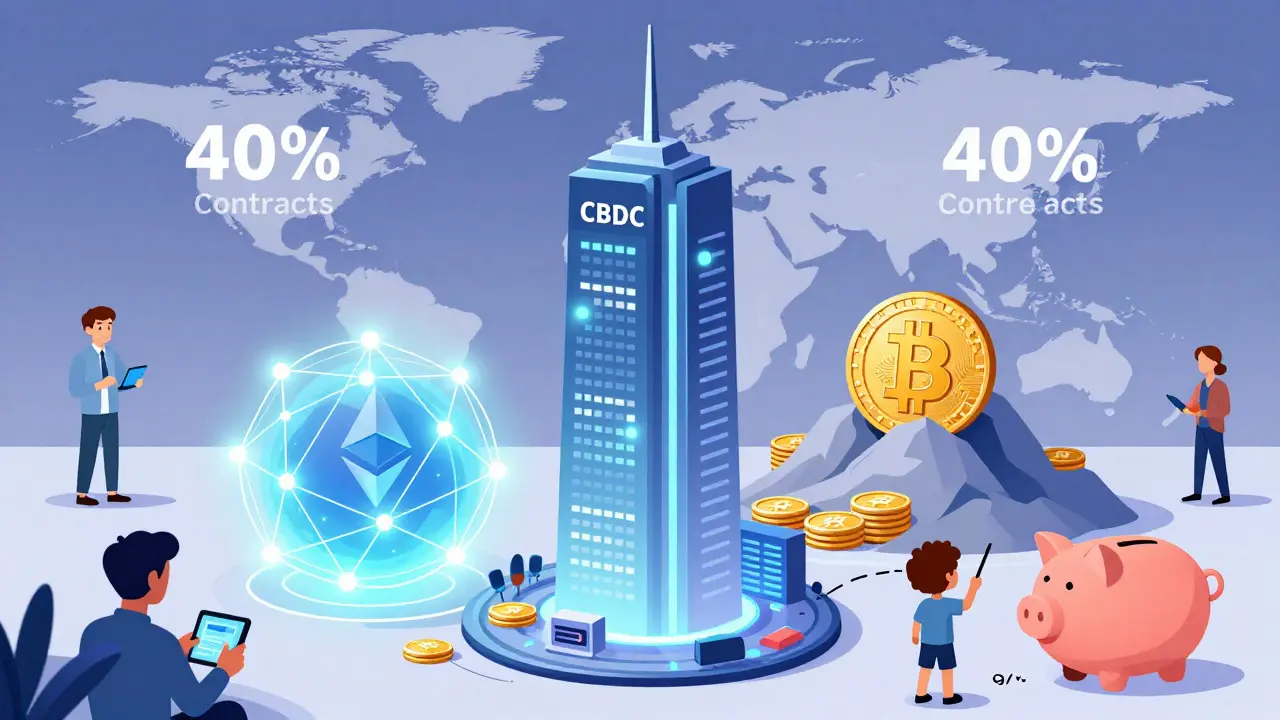 Гибридная финансовая система: CBDC, Ethereum и Bitcoin работают вместе, люди используют цифровые кошельки.