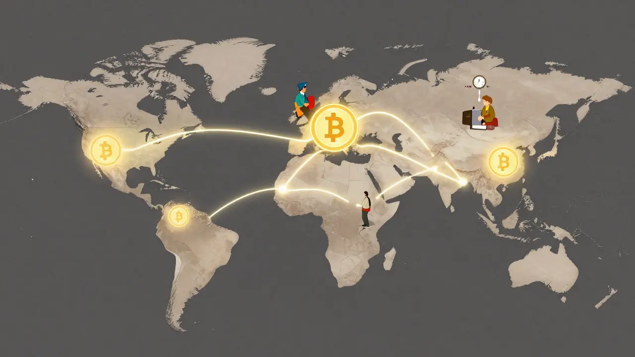 Глобальная карта с цифровыми переводами USDT между странами, сравнивающая мгновенные криптопереводы и медленные банковские операции.