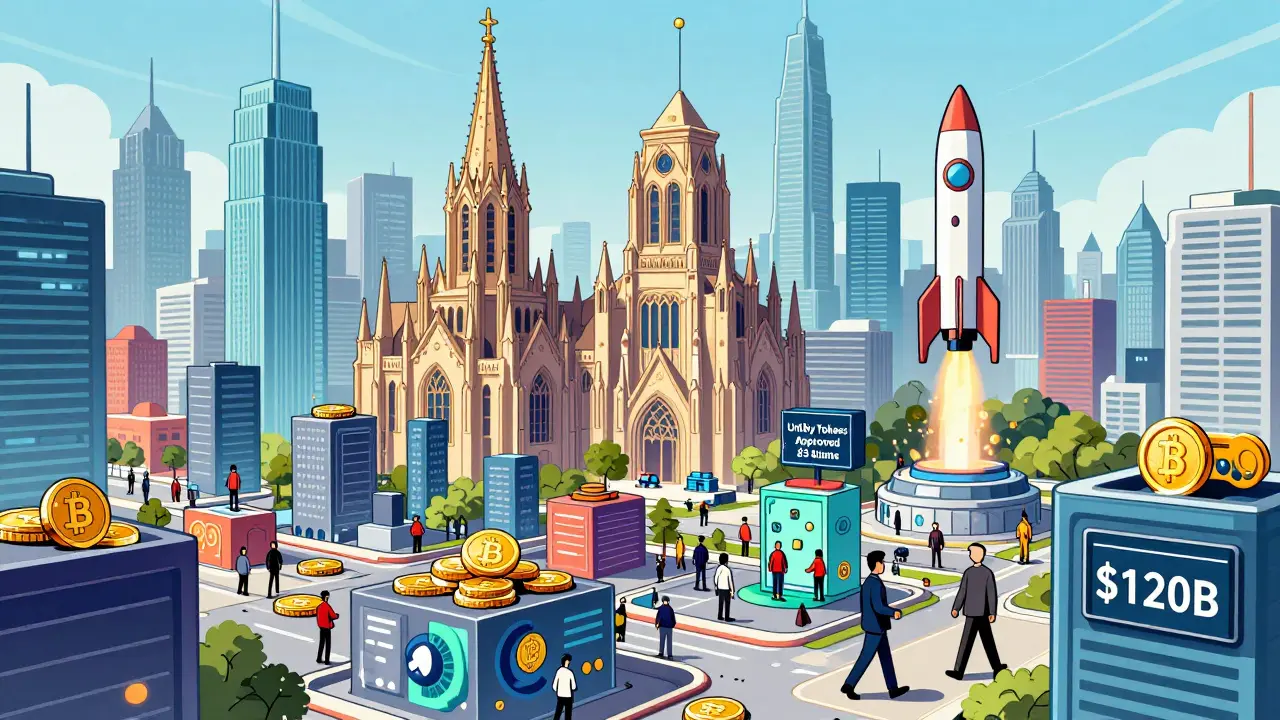 Город будущего: статичные башни Биткоина и оживлённые кварталы альткоинов с институциональными инвесторами и регуляторами.