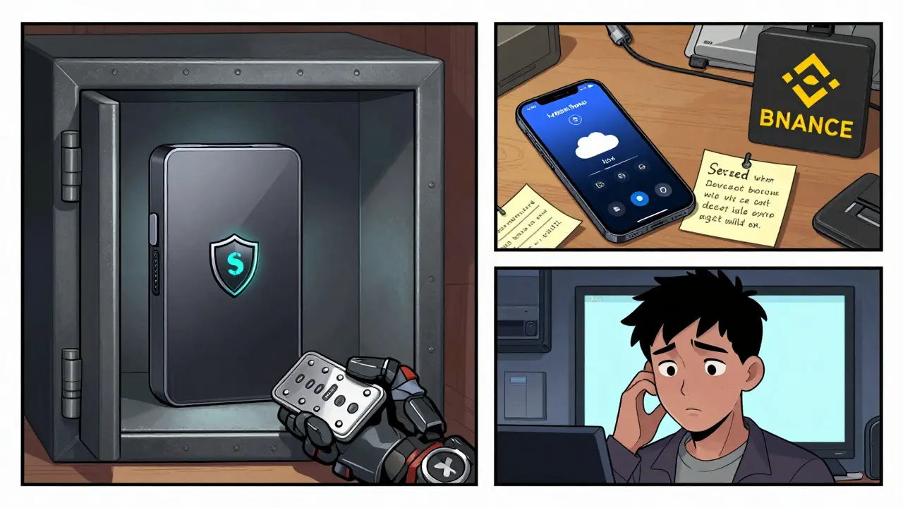 Холодный кошелёк в сейфе vs. хаос на столе с ключами на заметке.