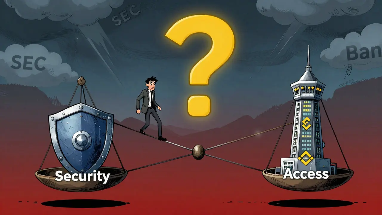 Инвестор на веревке между холодным и горячим кошельком, над ним — вопросительный знак Binance и облака регуляторов.