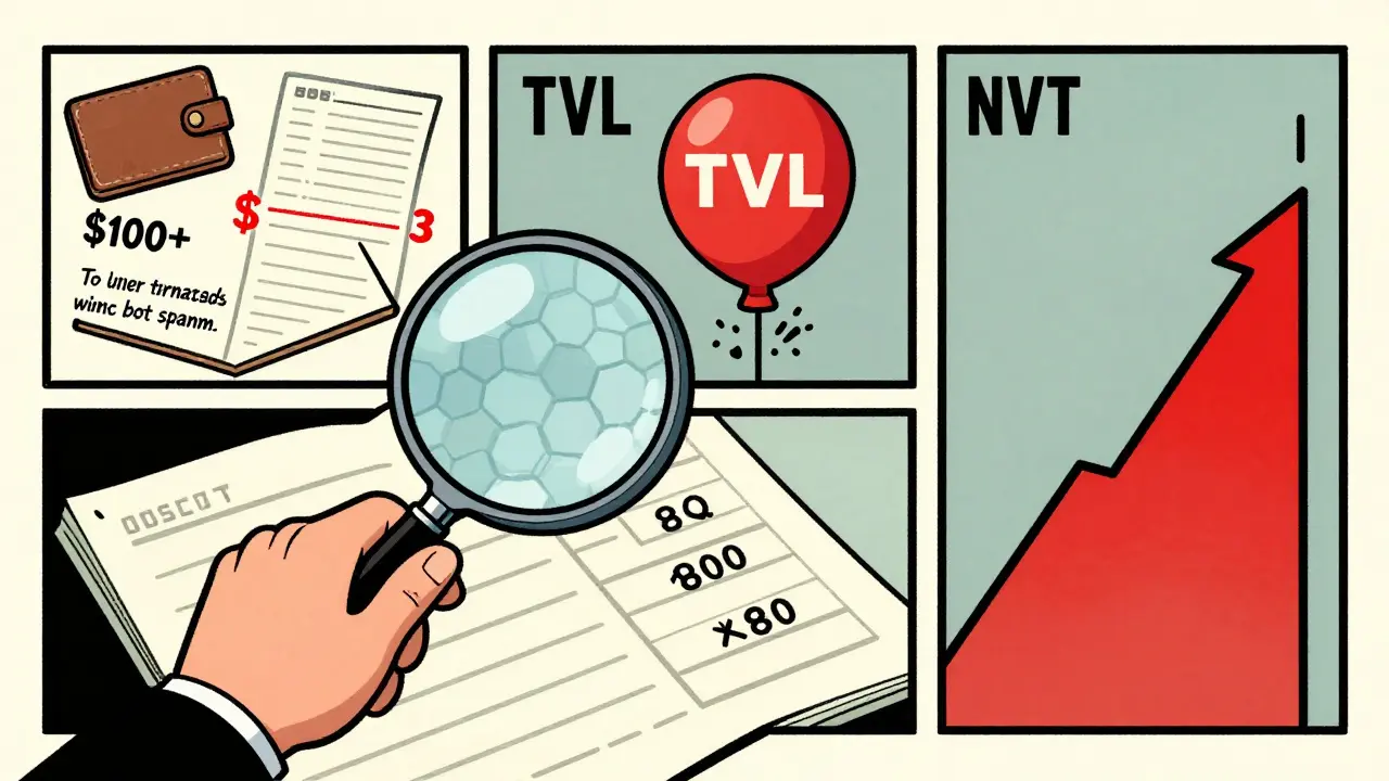 Комикс в стиле банде десине: детектив анализирует блокчейн, показывая фильтрацию транзакций, взрыв TVL и предупреждение NVT.
