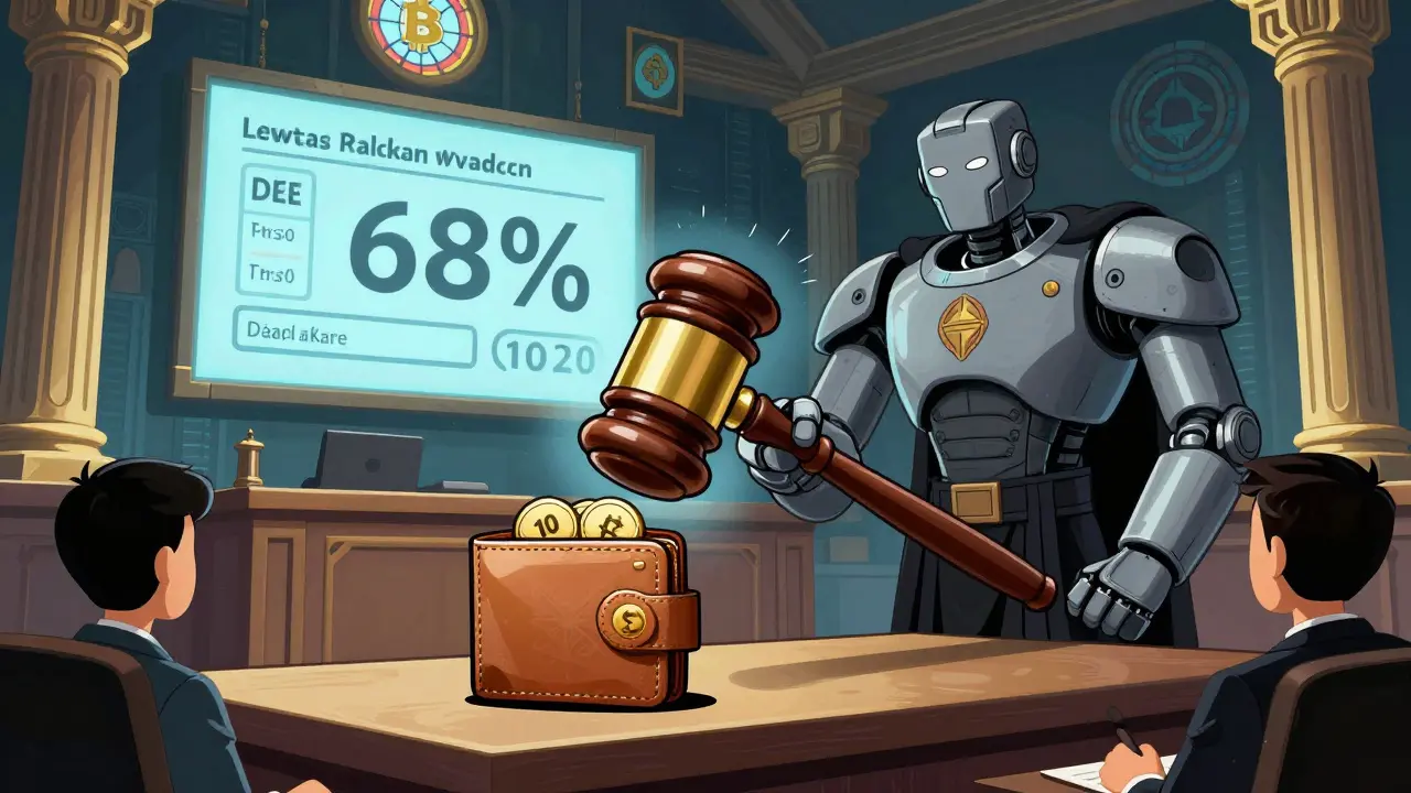 Маленький кошелек с 10 токенами голосует перед огромным роботом-судьей в цифровом храме.
