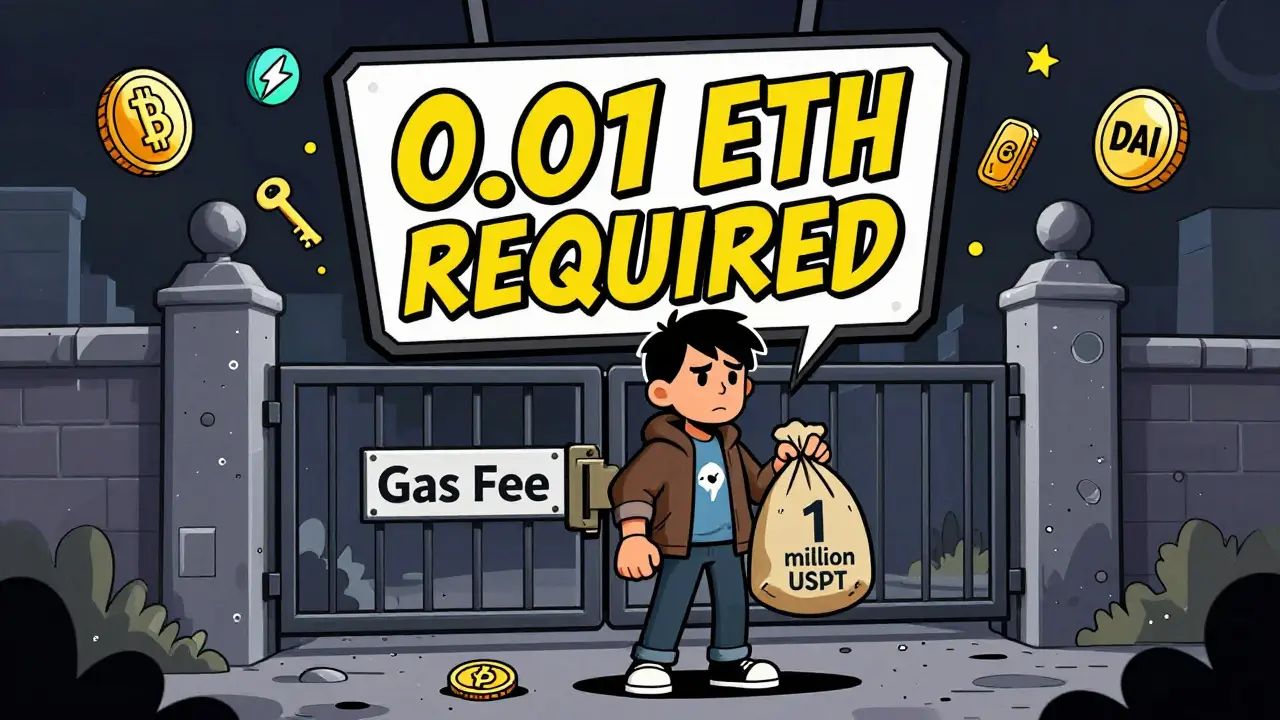 Новичок держит мешок с USDT, но не может отправить его без маленькой ETH-монеты — ключа к воротам газовой платы.