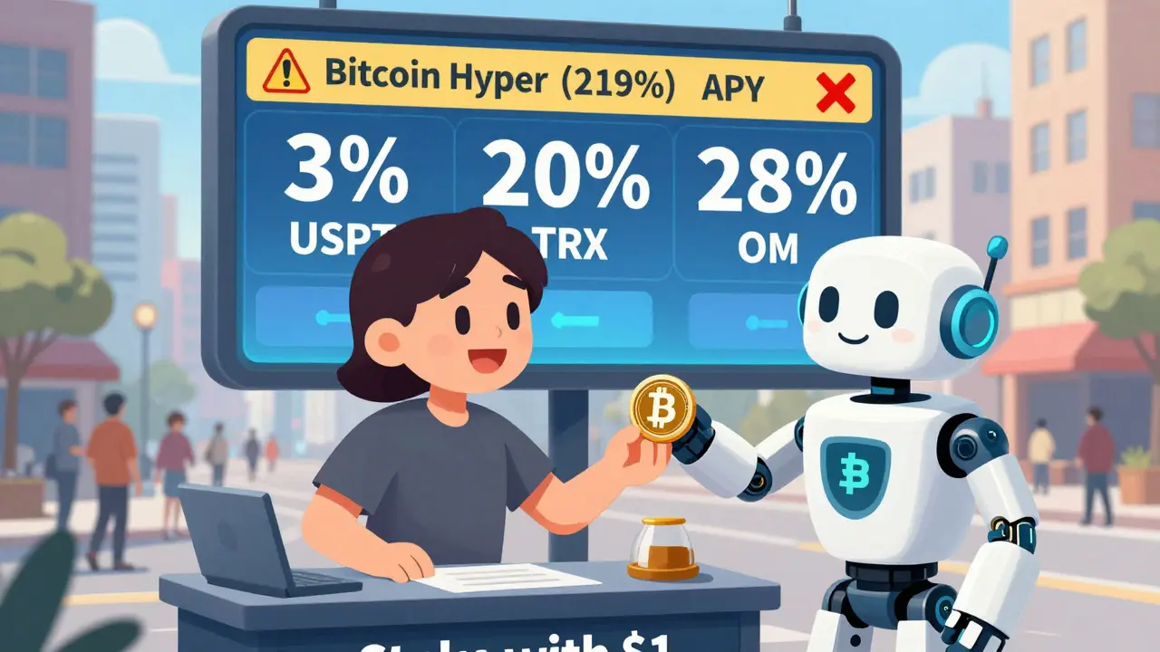 Новичок кладет 1 USDT на киоск для стейкинга, рядом — табло с APY и предупреждениями о мошеннических проектах.