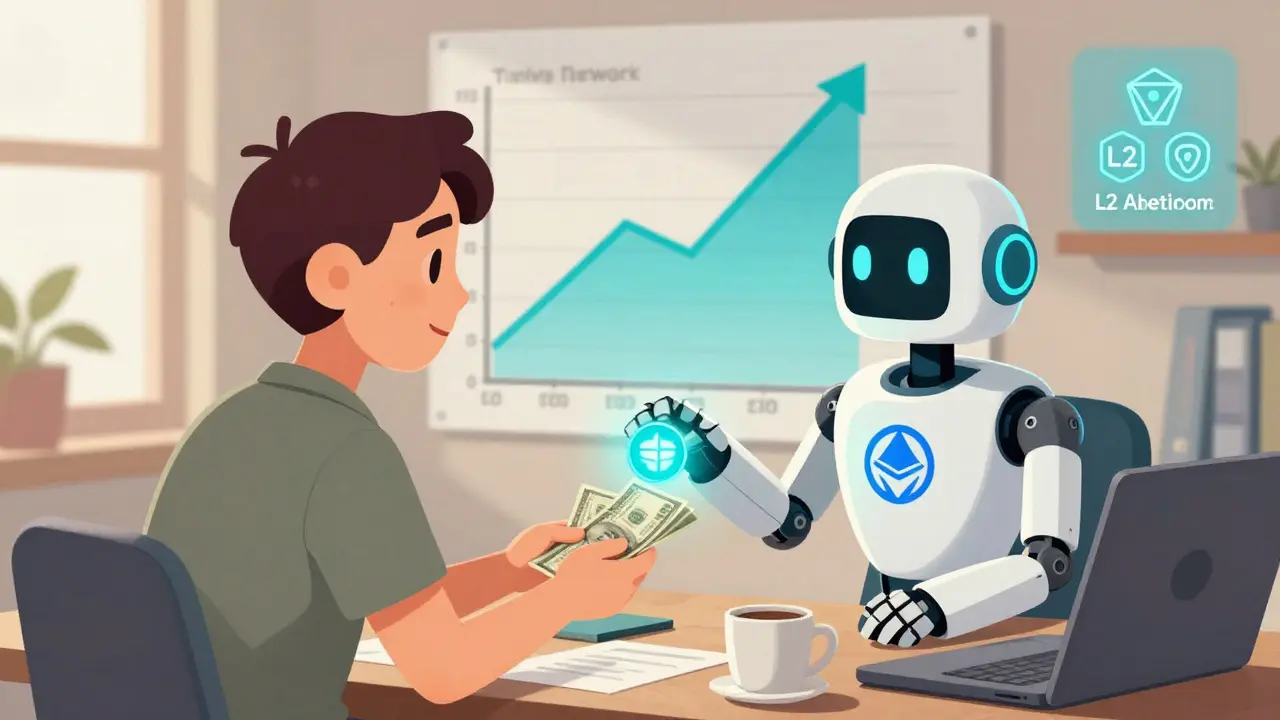 Новичок передаёт деньги роботу с логотипом MetaMask, который превращает их в токен DPI, за спиной — растущий график инвестиций.