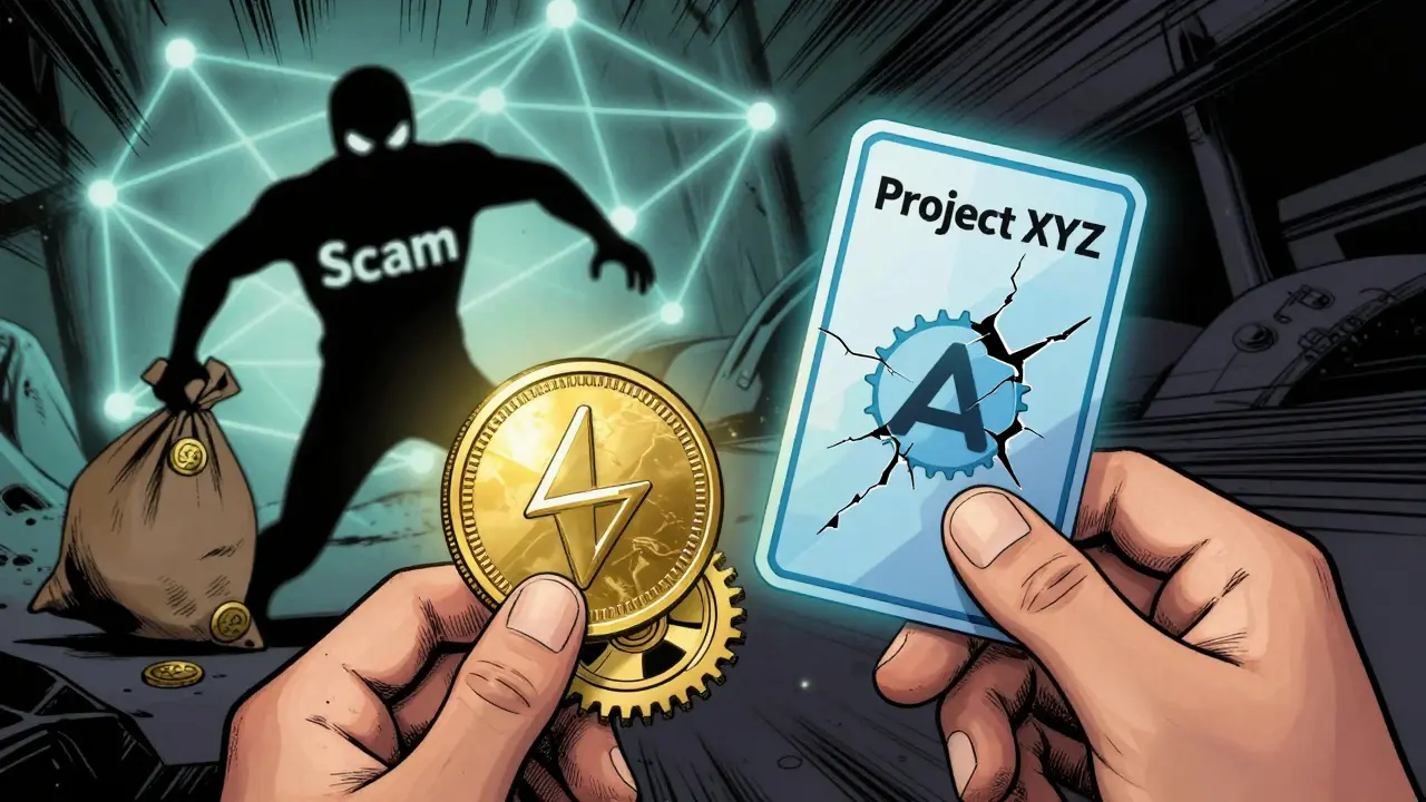 Пользователь держит монету и треснувший токен, за спиной — фигура мошенника в стиле комикса.
