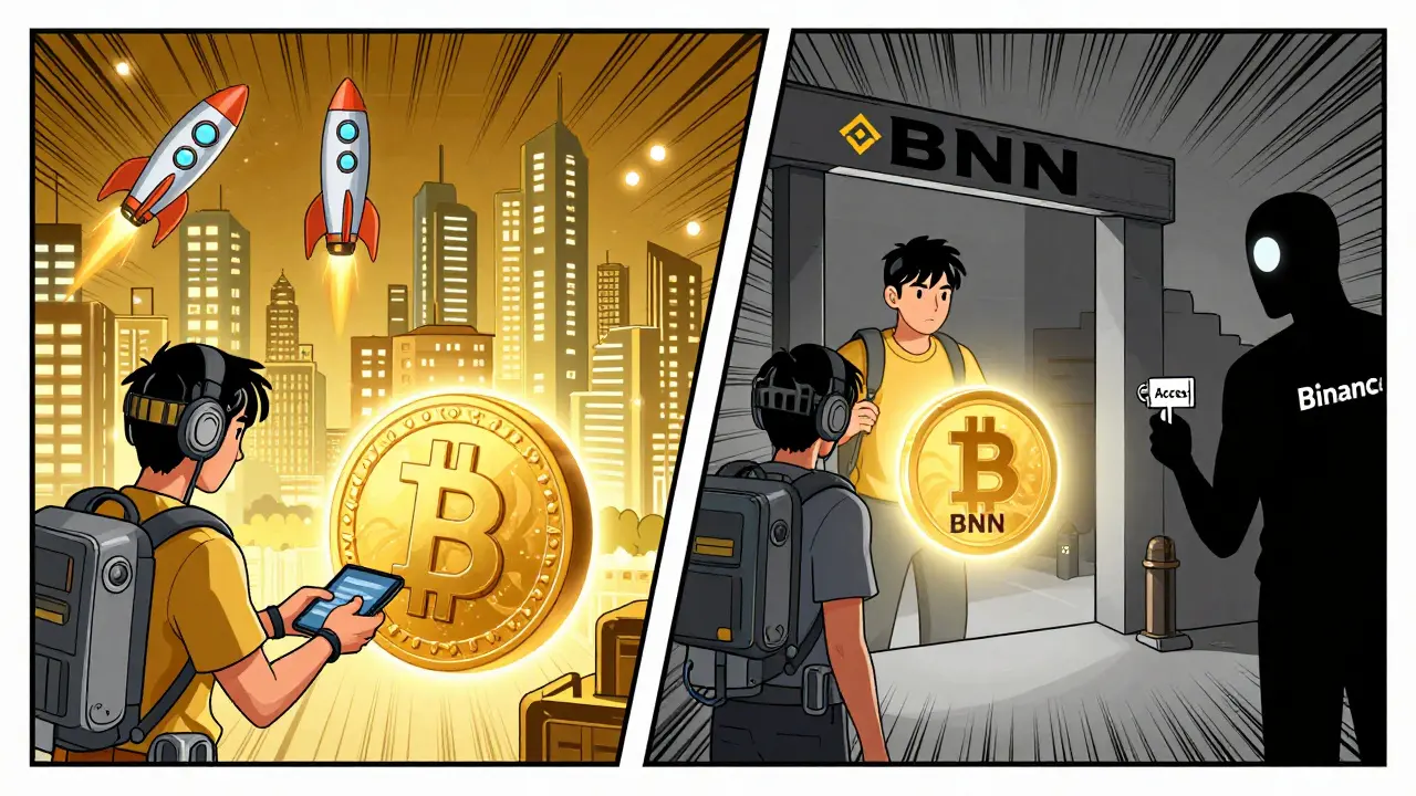 Пользователь платит BNB за газ в DeFi-городе, другой — заблокирован без токенов у ворот Launchpad.