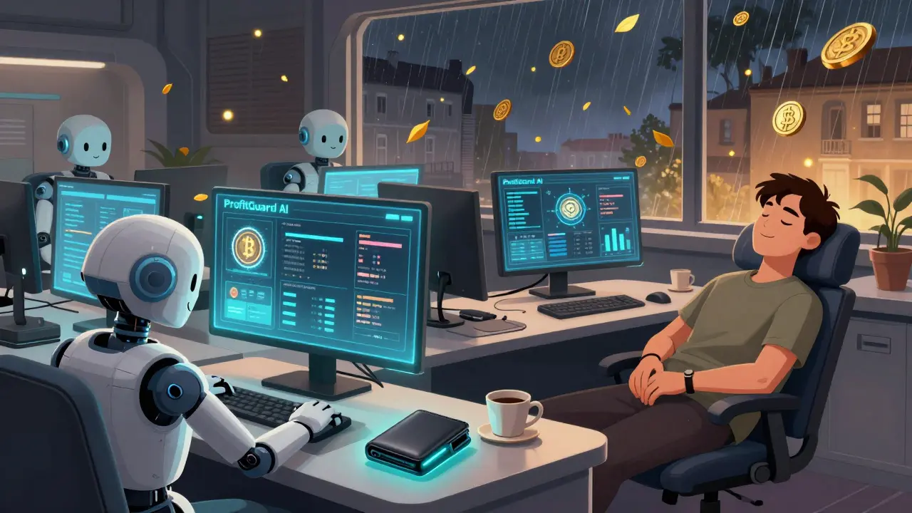 Роботы-ботов управляют портфелем, трейдер спит, а безопасный кошелек светится на столе — автоматизация защищает прибыль.