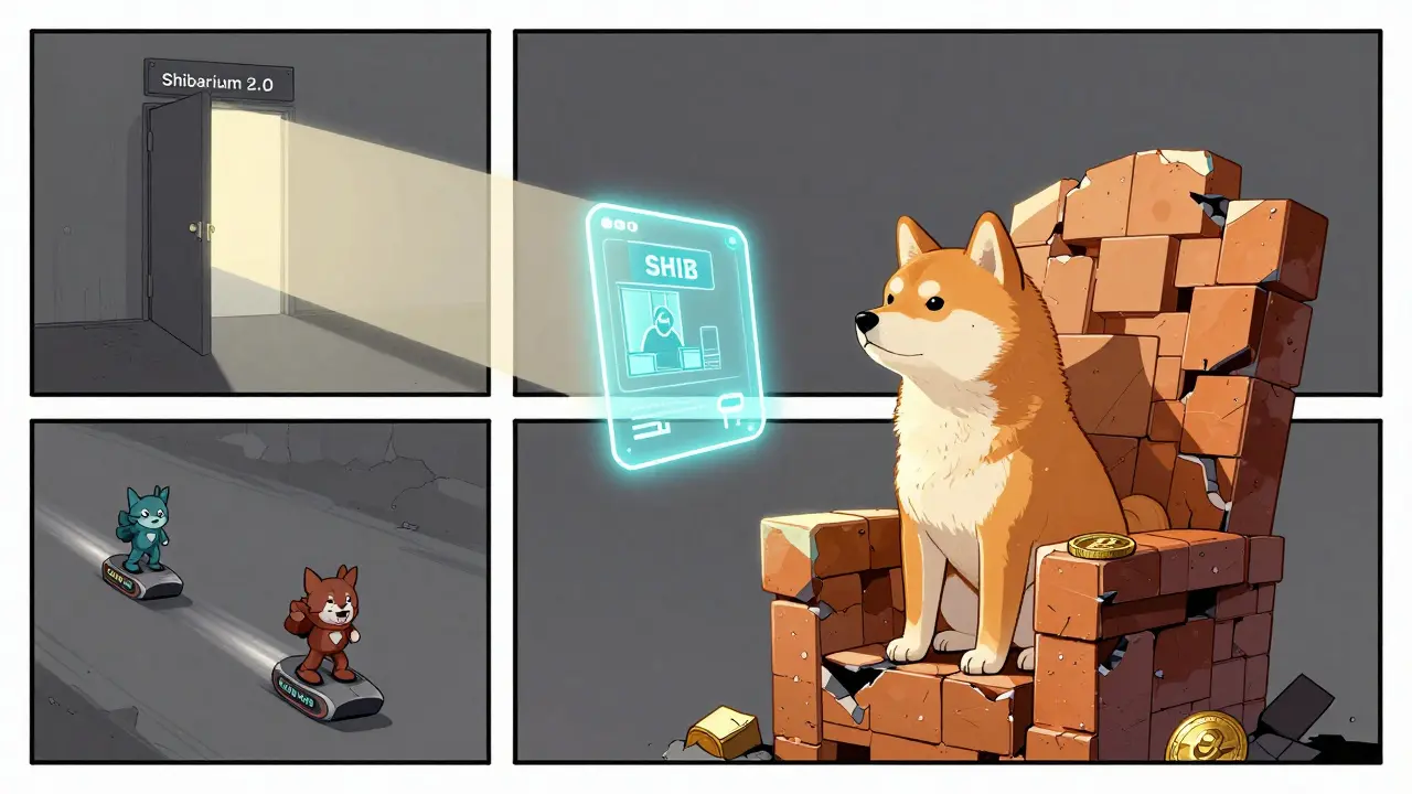 Собака Шиба Ину смотрит на голографический кафе, пытаясь понять, как использовать SHIB в реальном мире.