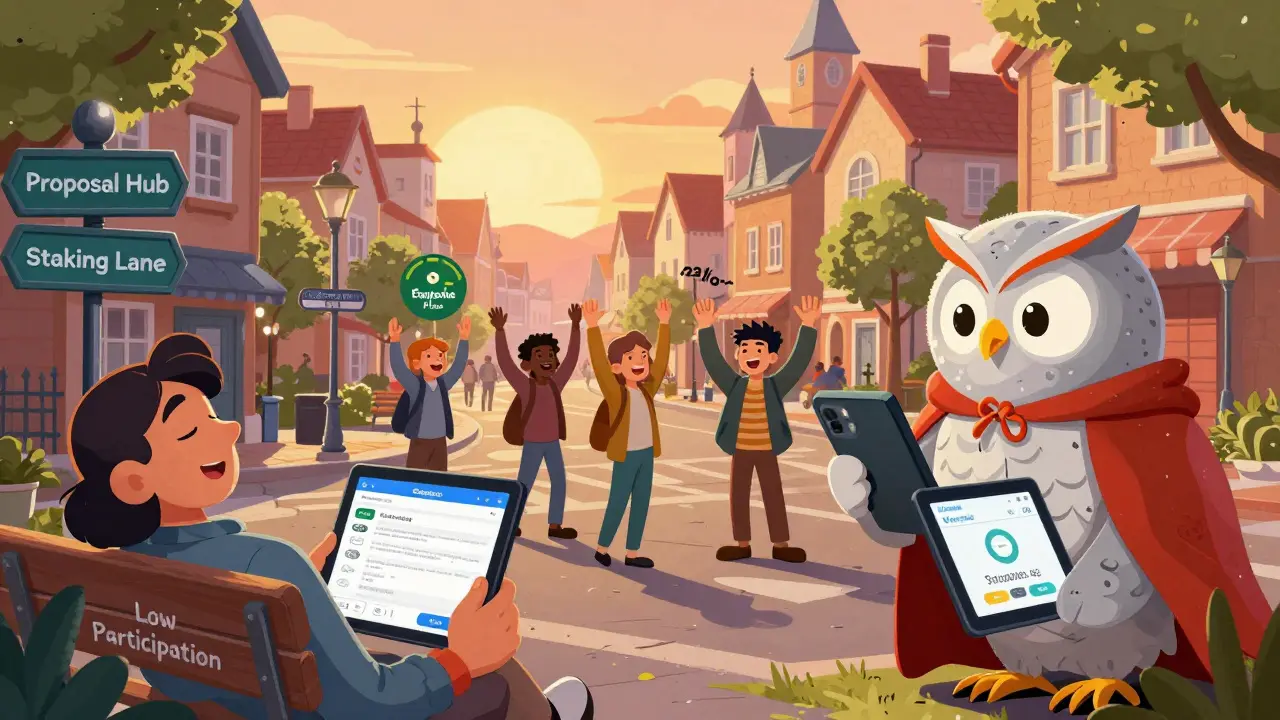 Сова с плащом MakerDAO принимает делегированные голоса в оживленном DeFi-городке, люди активно участвуют.