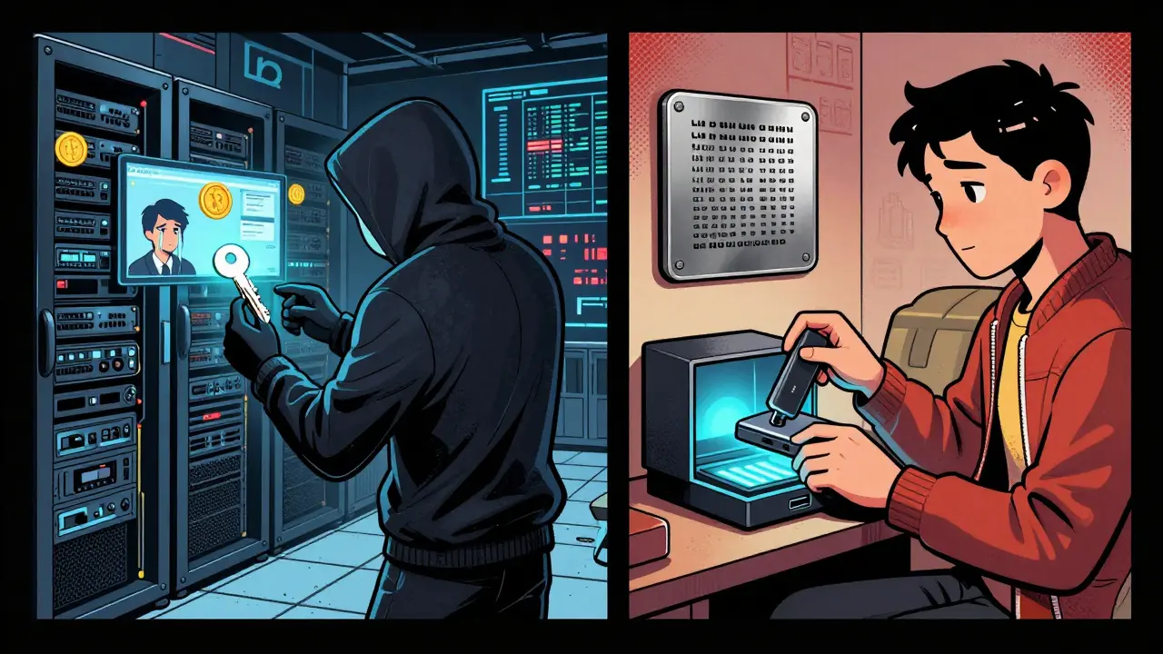 Сравнение: хакер крадёт ключи с сервера биржи слева, пользователь безопасно хранит кошелёк справа.