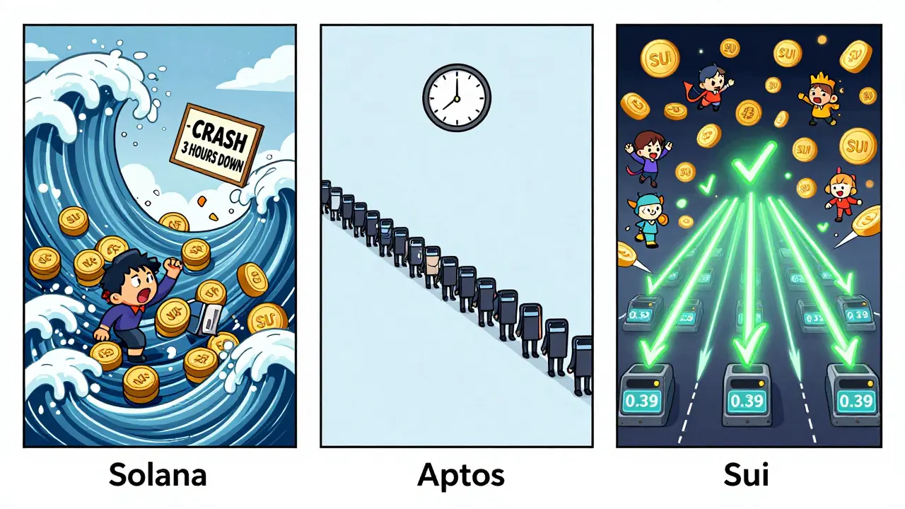 Сравнение обработки транзакций: Solana сбоит, Aptos медленно, Sui обрабатывает тысячи одновременно.