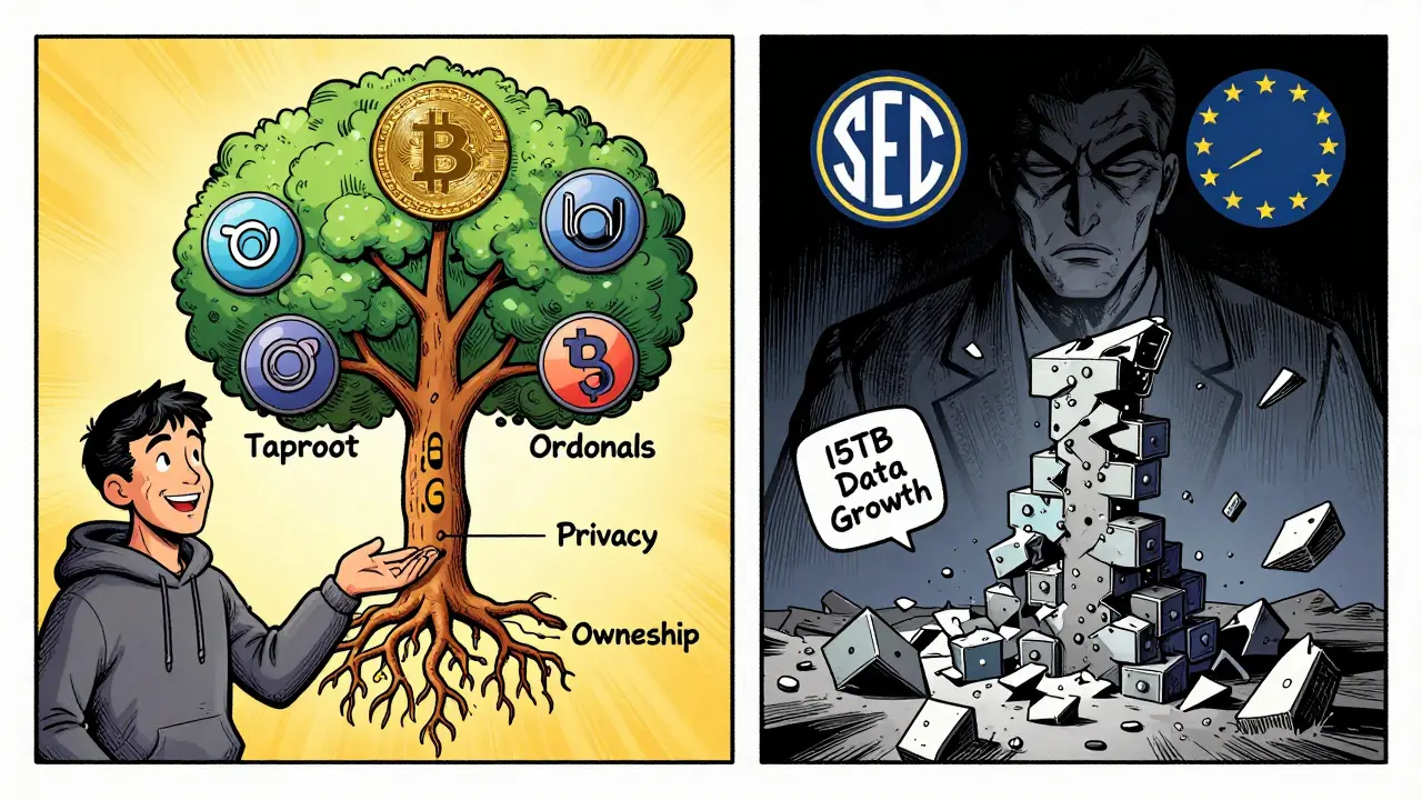 Taproot и Ordinals объединяют приватность и цифровую собственность, но вызывают споры о масштабируемости.
