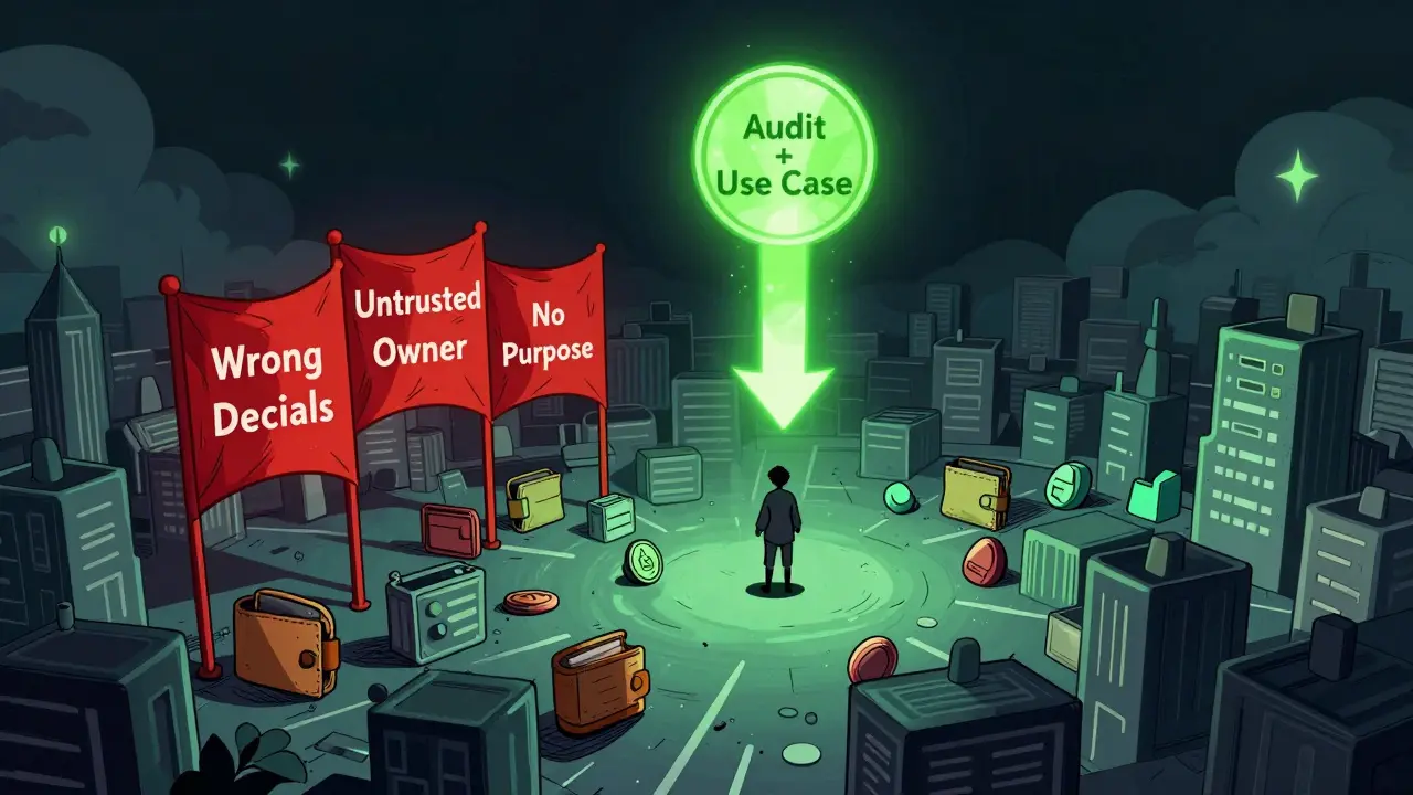 Токен над блокчейн-городом, три красных флага ошибок и один зеленый путь к аудиту и цели, в стиле французского комикса.