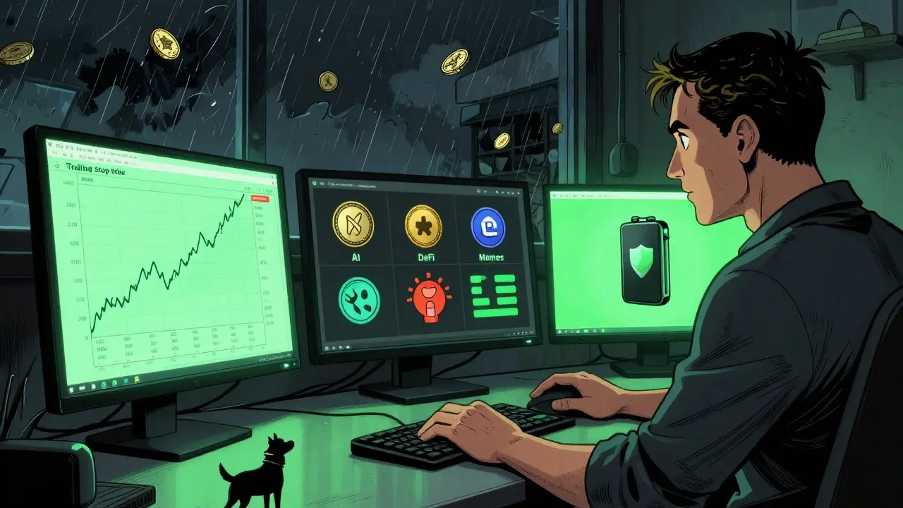 Трейдер в темной комнате с тремя экранами, показывающими трейлинг-стоп, диверсификацию и холодный кошелёк.