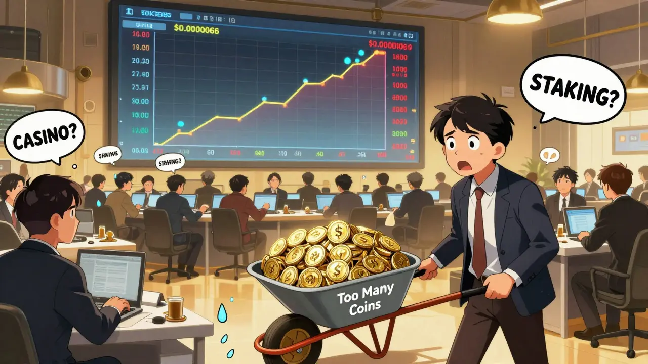 Трейдеры в стиле французского комикса торгуют триллионами SHIB, один держит колесную тележку с монетами.