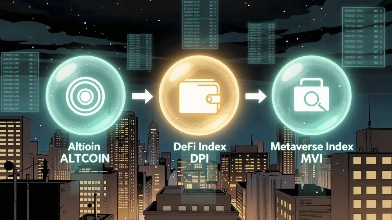 Три цифровых индекса — ALTCOIN, DPI и MVI — плавают над городом, соединённые потоками данных, символизирующими автоматическое перераспределение.