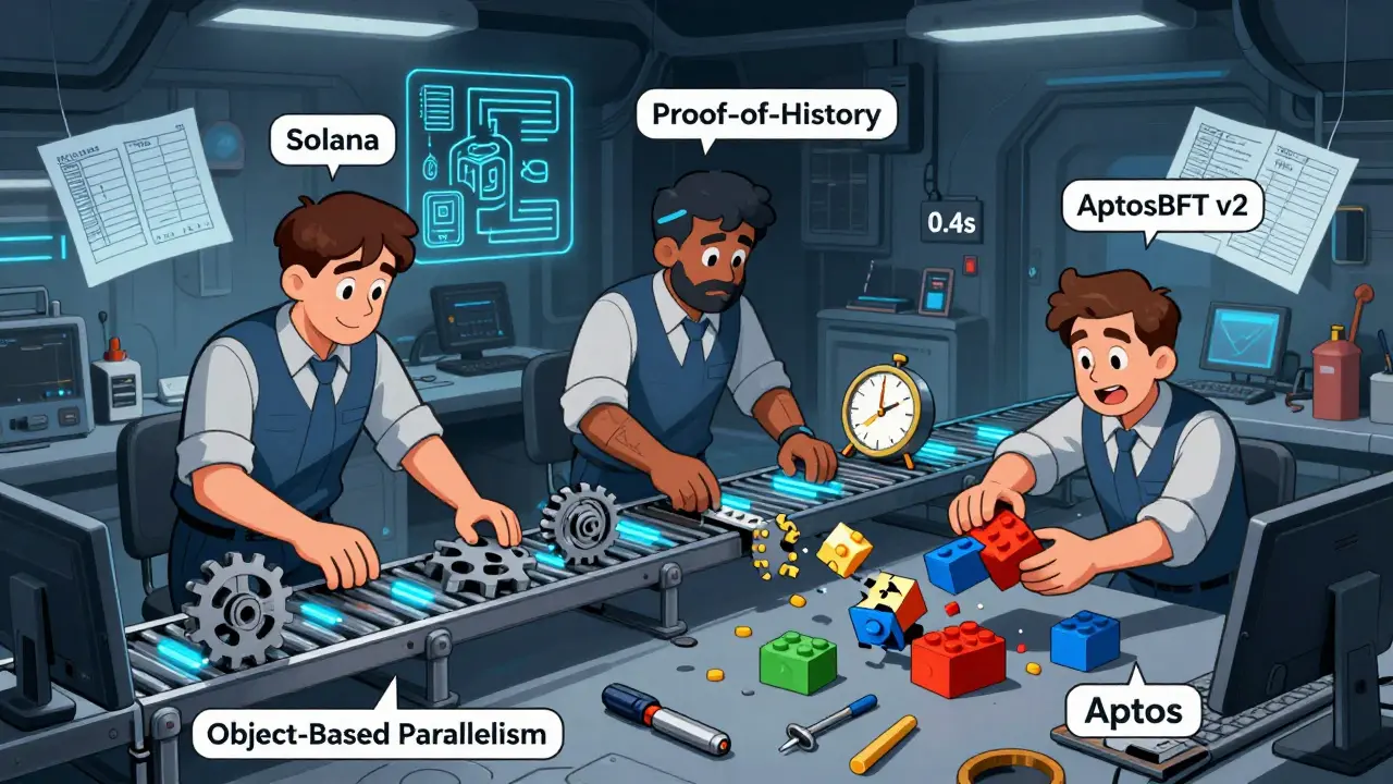 Три инженера в мастерской: Sui добавляет параллельные конвейеры, Solana настраивает часы, Aptos пытается собрать разваливающиеся блоки LEGO.