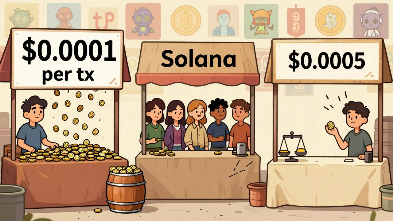 Три киоска на рынке: Sui с дождем монет, Solana с умеренной ценой, Aptos с сломанными весами и разочарованным покупателем.